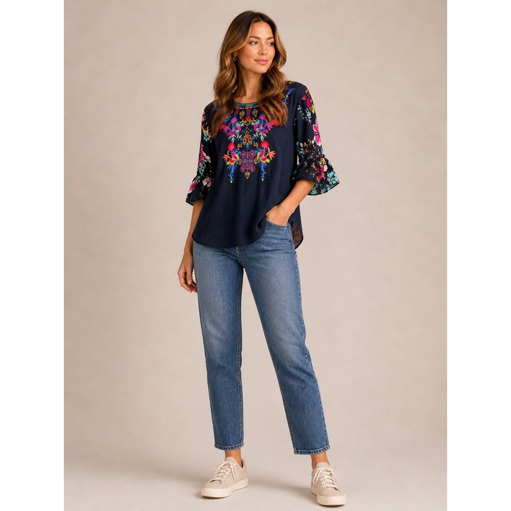 Caleoaa Navy Blue Embroidered Mixed Print 3/4 Bell Sleeve Blouse Top XL RN164016